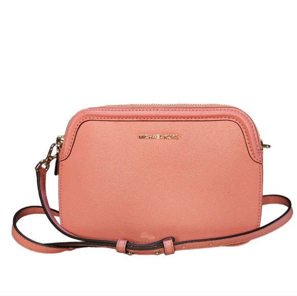 Michael Kors Houston Leather Double Zipper Crossbody Handbag In Grapefruit - Picture 4 of 13
